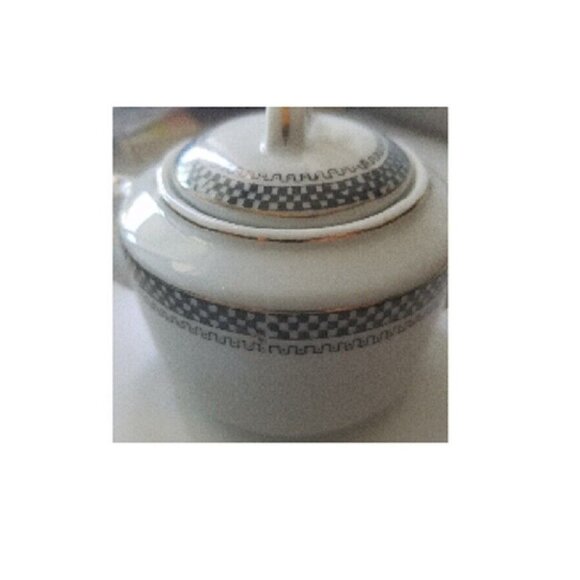 Sugar Bowl MC Made in Japan White Black Checkerboard pattern Gold Trim Handles - Picture 4 of 12